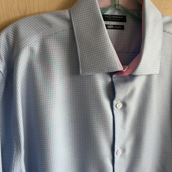 Tailorbyrd Men Size 16.5-32/33 Trim‎ Fit Non Iron Long Sleeve Blue Pink Shirt - Picture 2 of 9